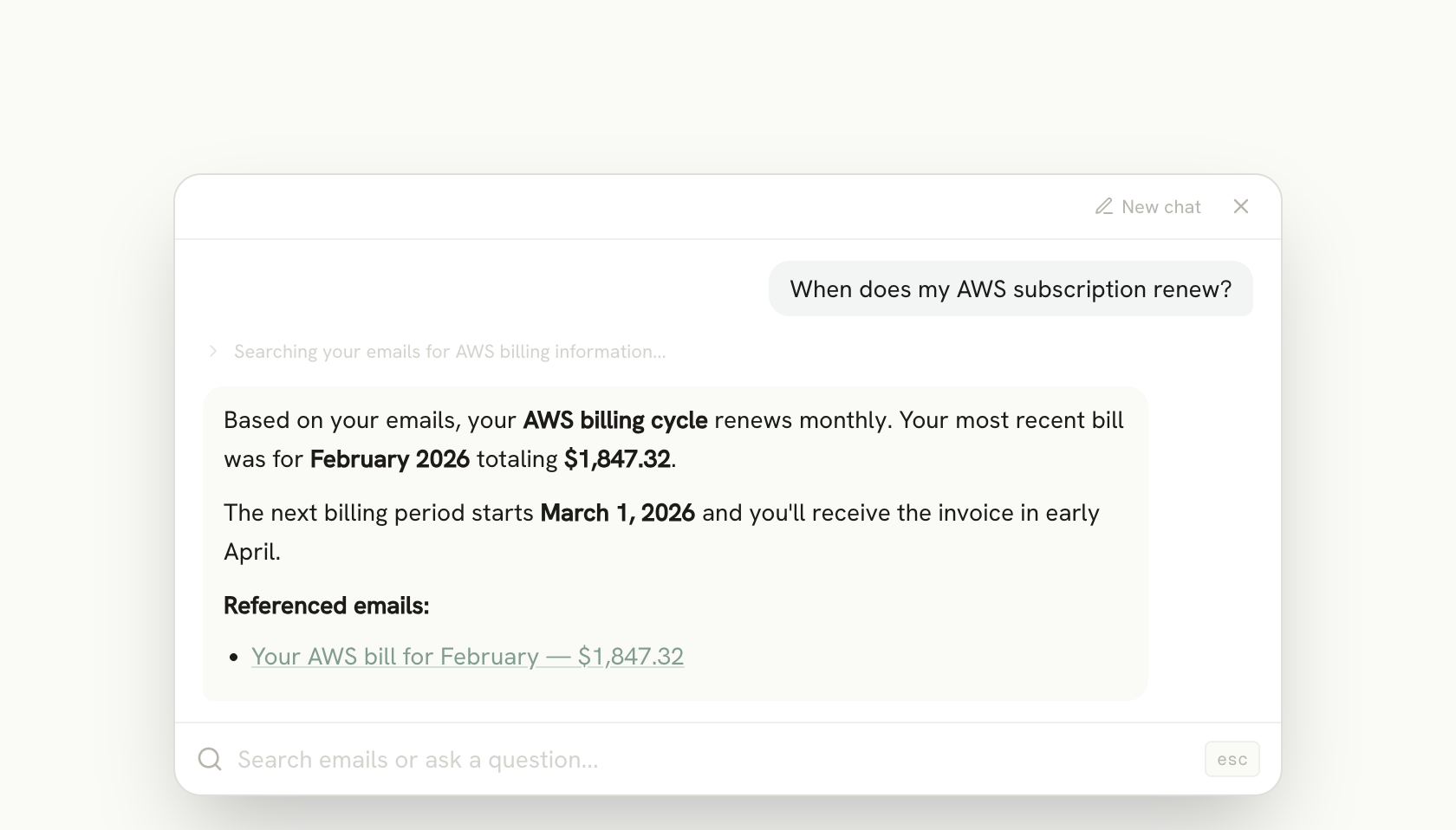 AI search panel answering a question about AWS subscription renewal