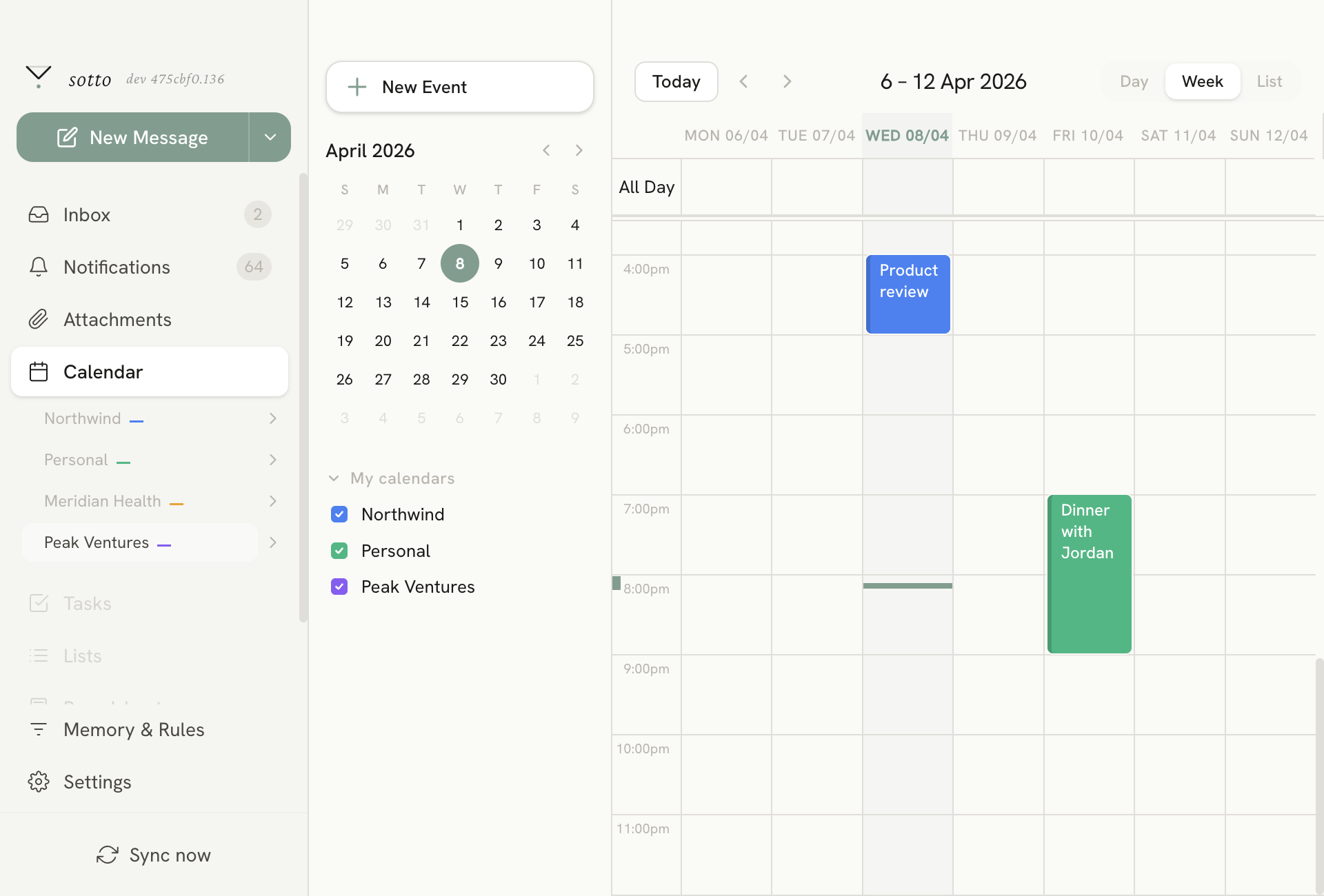 Calendar view showing events synced from Google Calendar with meeting intelligence