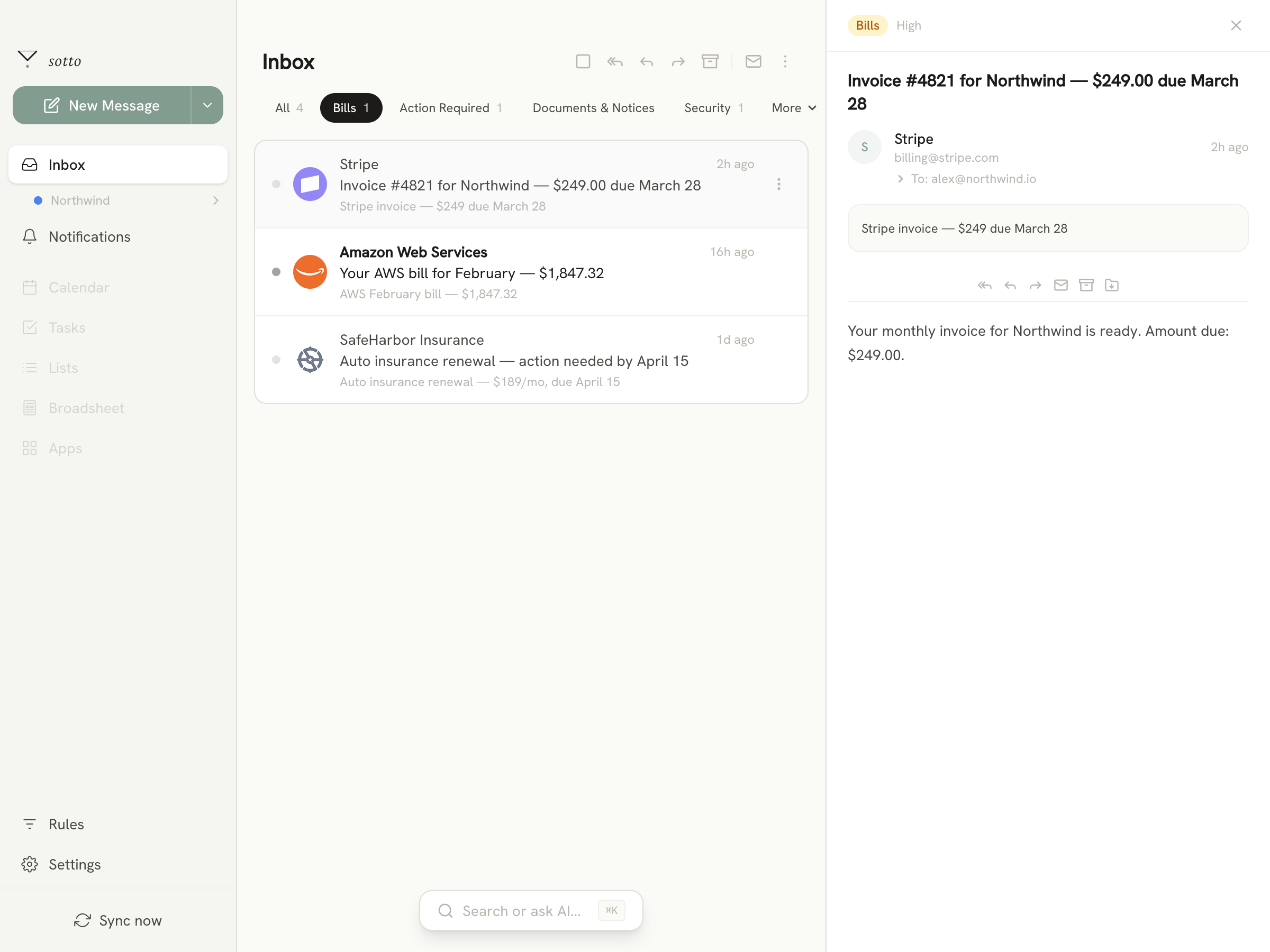Inbox with filter tabs showing Bills, Security, Action Required categories