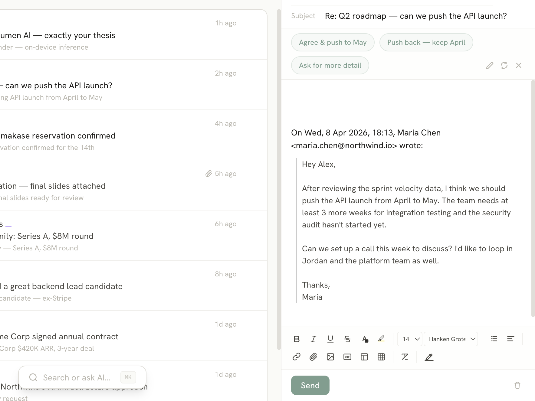 Email composer with rich text editing, GIF picker, and formatting tools