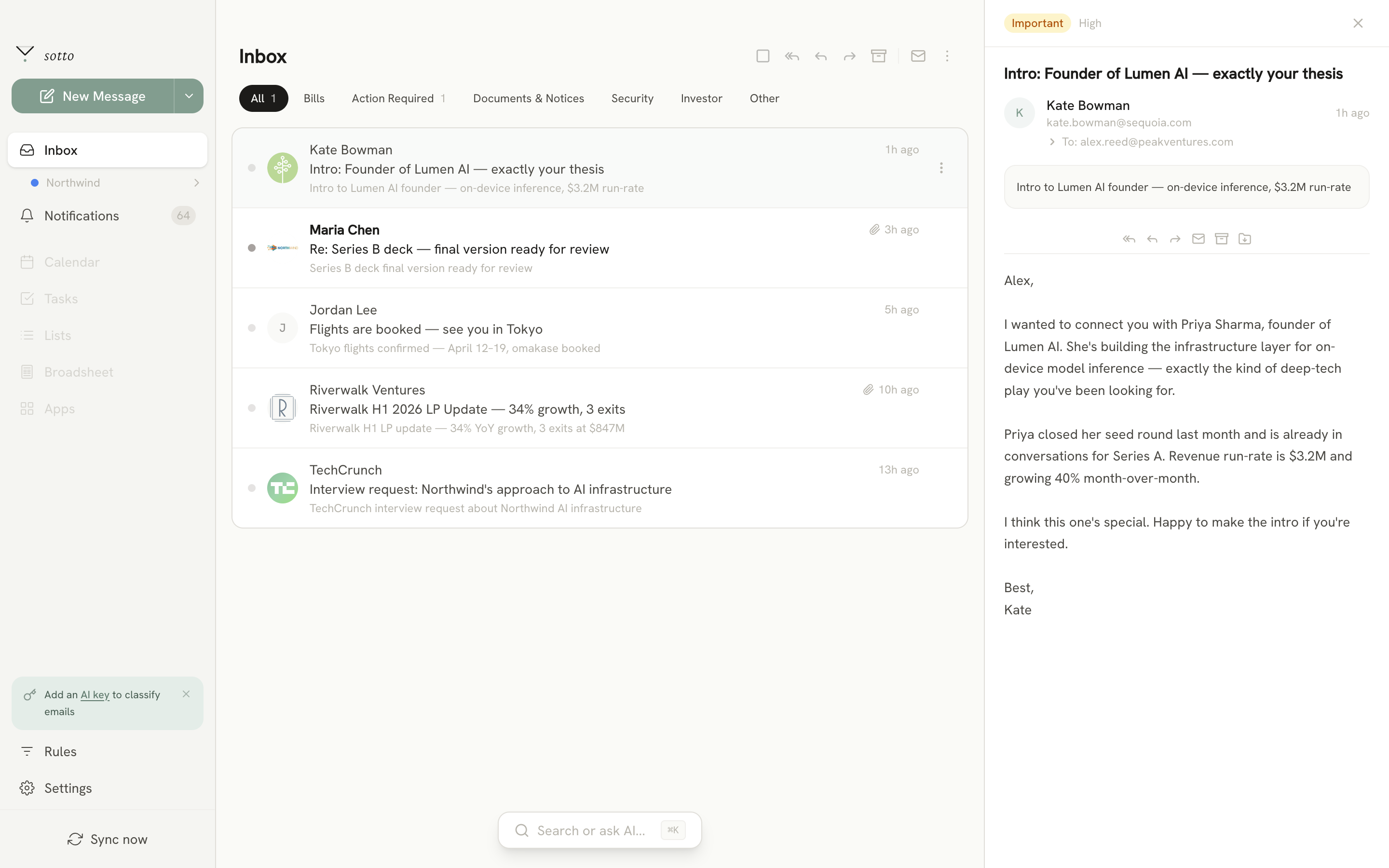Sotto inbox showing emails intelligently sorted across multiple accounts
