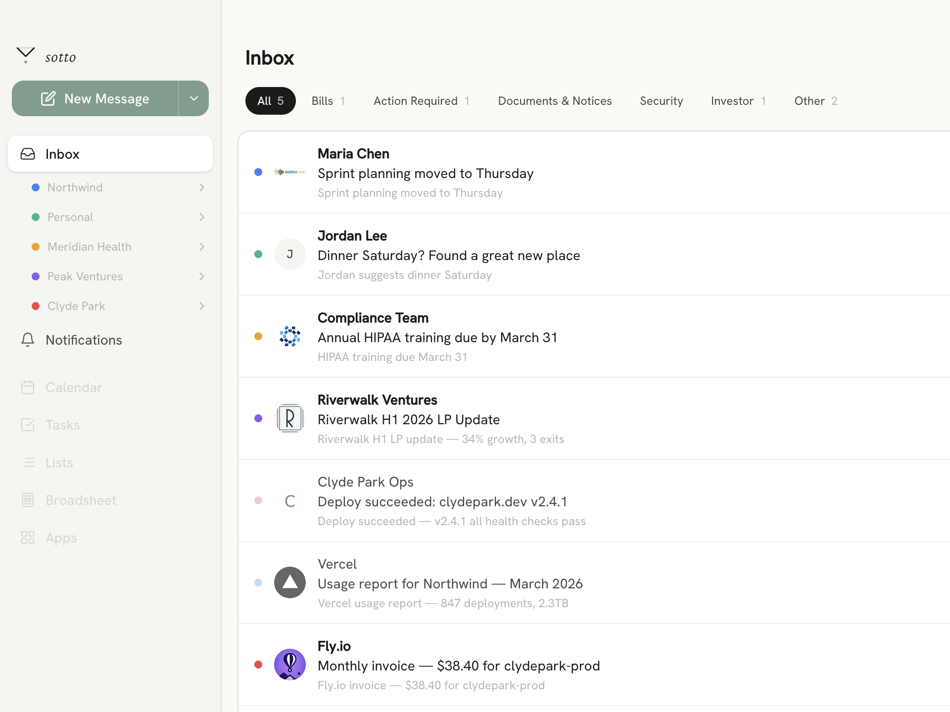 Inbox showing emails from four accounts with color-coded indicators