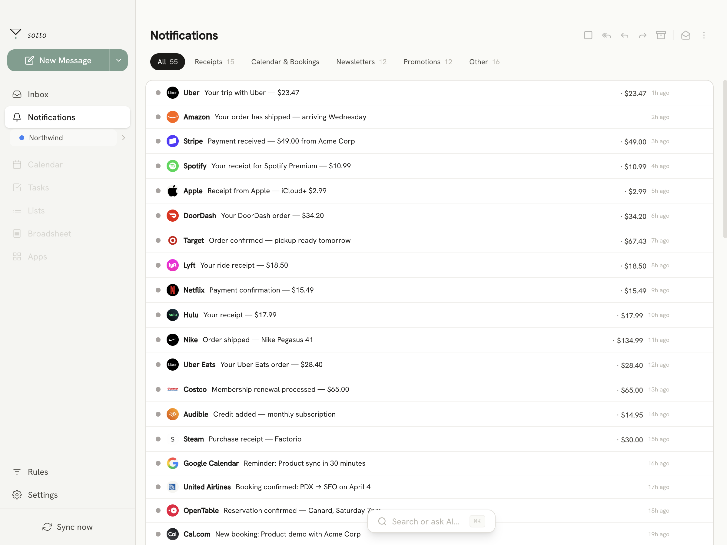 Notifications view — all unread