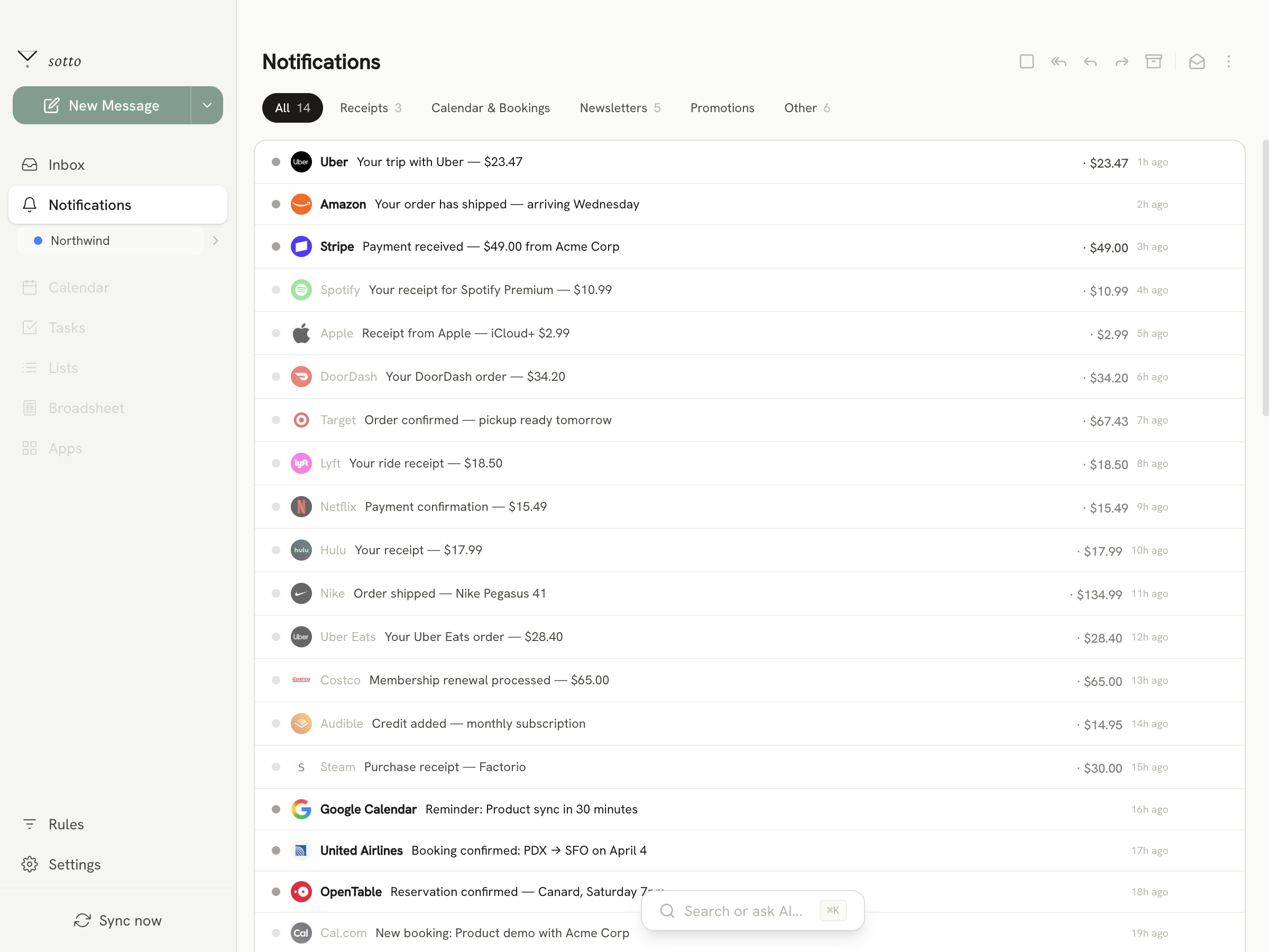 Notifications view with receipts, calendar events, and newsletters auto-categorized