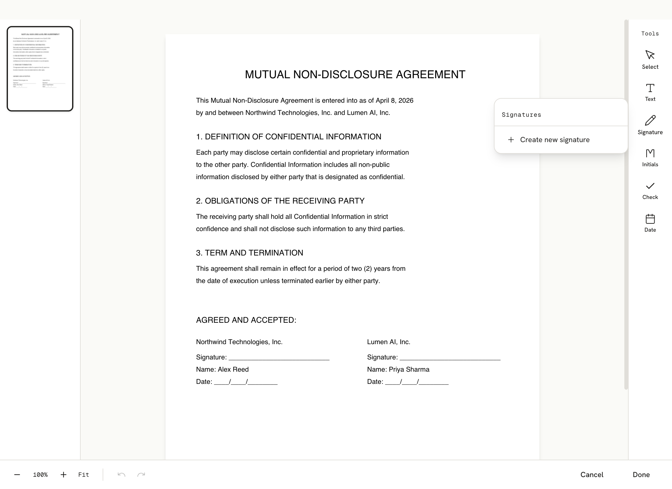 Document signing view with signature annotation tools