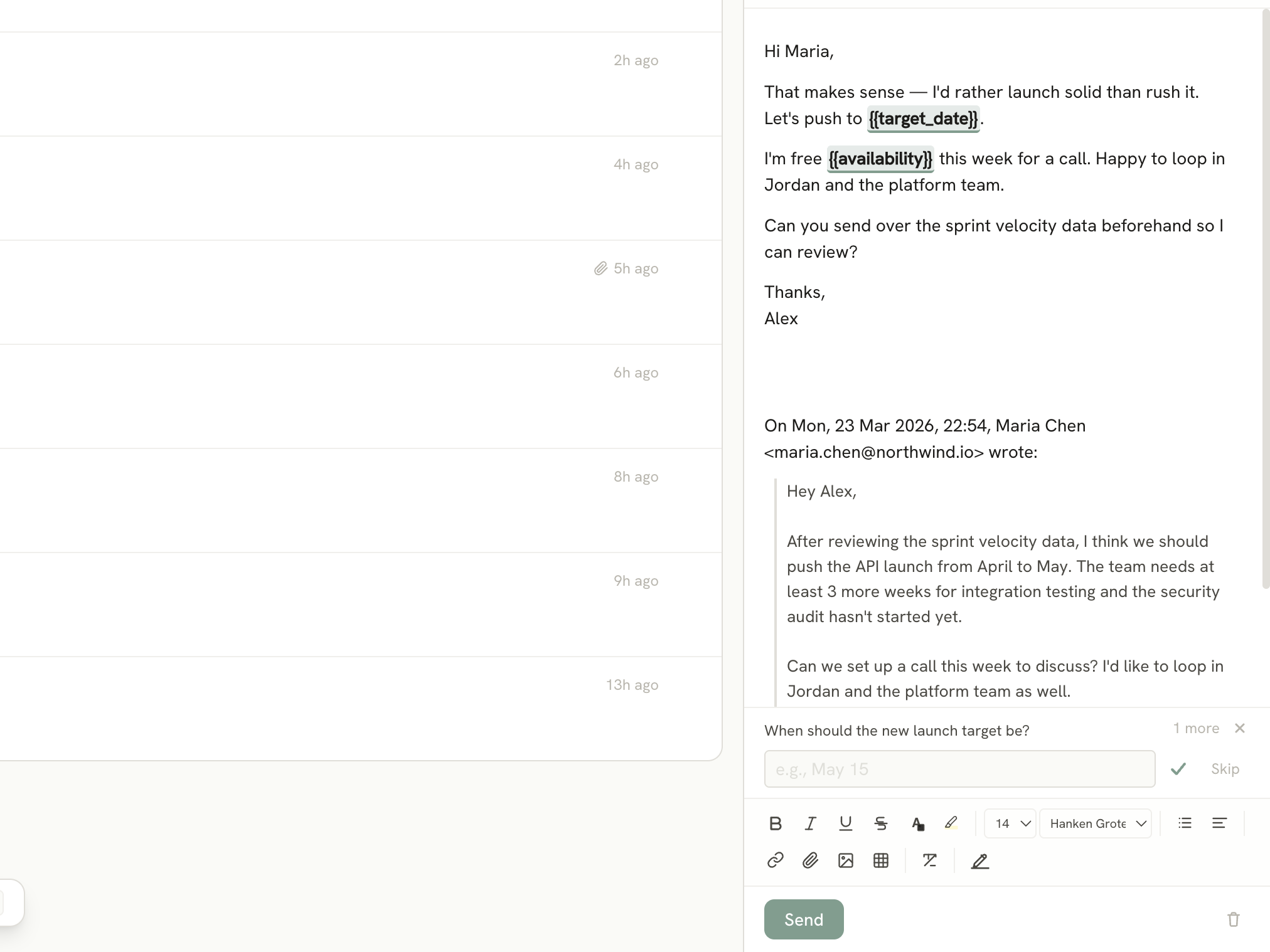 Compose window with AI-drafted reply and editable fill-in fields